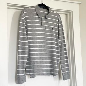 Polo Ralph Lauren Gray White Striped Long Sleeve Cotton Jersey Knit Shirt Size L